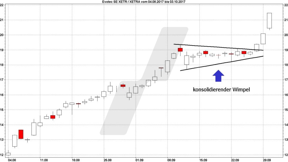 Technische Analyse – Trendwende- und Konsolidierungsformationen - Chartmuster – Konsolidierungsformationen: Konsolidierender Wimpel | Quelle: marketmaker.pp4 