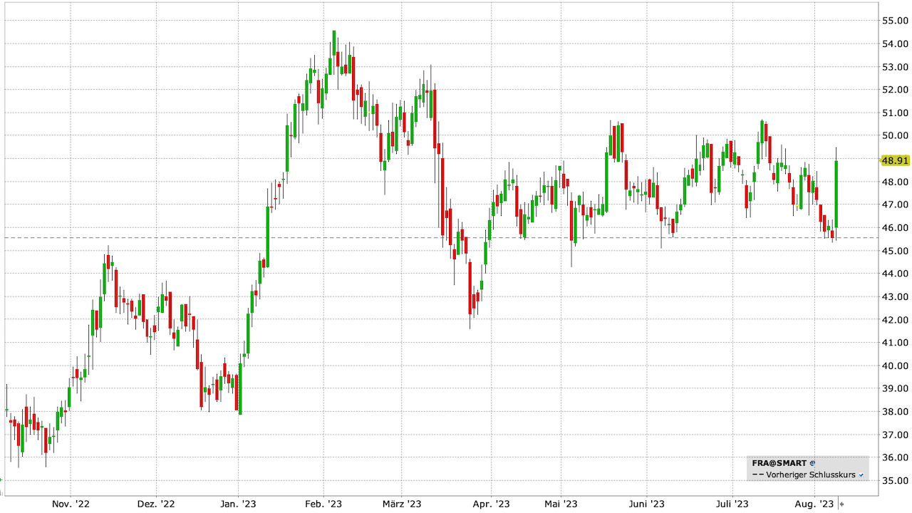 Fraport Aktie: Chart vom 08.08.2023, Kurs: 48,91 EUR, Kürzel: FRA | Quelle: TWS | Online Broker LYNX