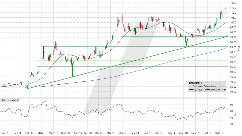 Hensoldt Aktie: Chart vom 03.10.2025, Kurs 113,80 Euro, Kürzel: HAG | Quelle: TWS | Online Broker LYNX