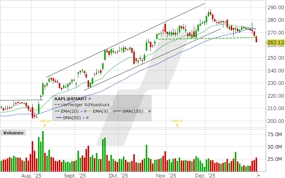 Apple Aktie: Chart vom 06.01.2026, Kurs: 262.36 USD, Kürzel: AAPL | Quelle: TWS | Online Broker LYNX