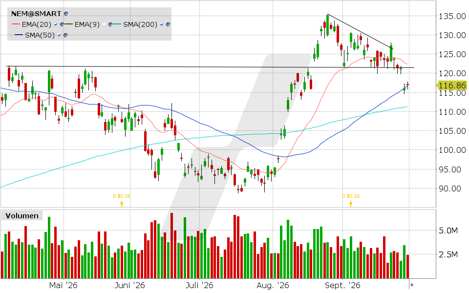 Newmont, Aktie: Chart vom 29.09.2026, Kurs: 117.09 USD, Kürzel: NEM | Quelle: TWS | Online Broker LYNX